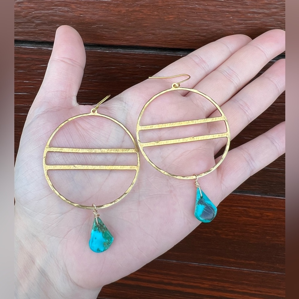 Locally made Modern Turquoise and Gold Hoops